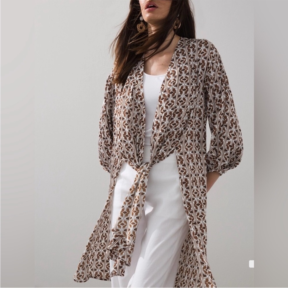 Chicos Tie-Front Drama Kimono duster satin lightweight fabric brown white S/M